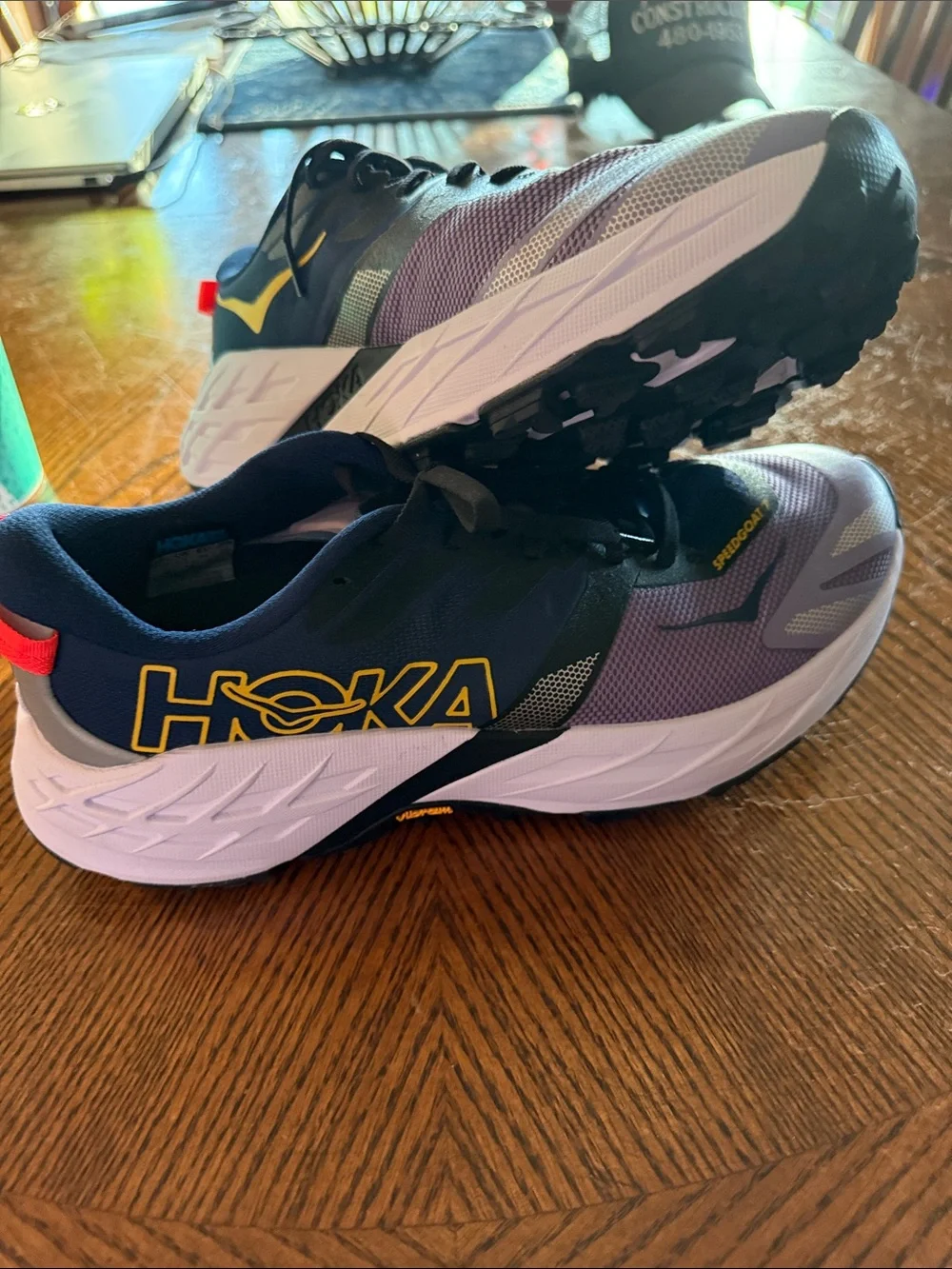 Hoka Navy Purple Yellow Accent Athletic Running Shoes